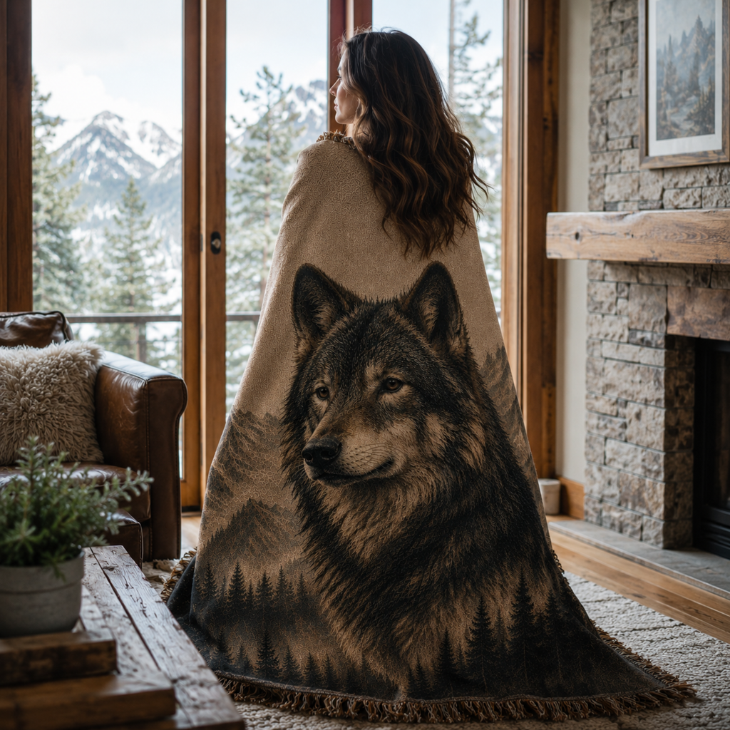 Woman wrapped in Sentinel of the North wolf portrait woven tapestry throw blanket standing on a dock at golden hour with mountain lake behind her