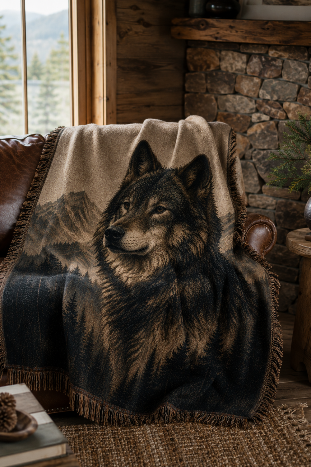 Sentinel of the North wolf portrait woven throw draped over leather armchair in mountain lodge setting