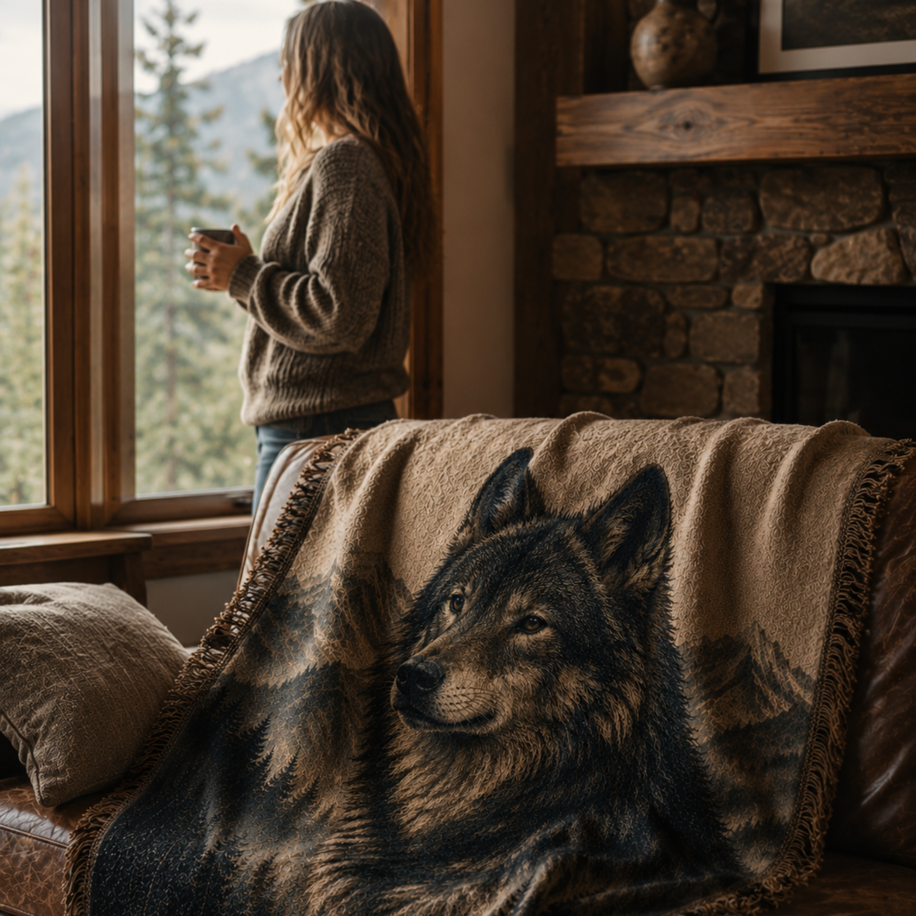 Sentinel of the North wolf tapestry throw blanket draped over leather sofa with mountain landscape through window