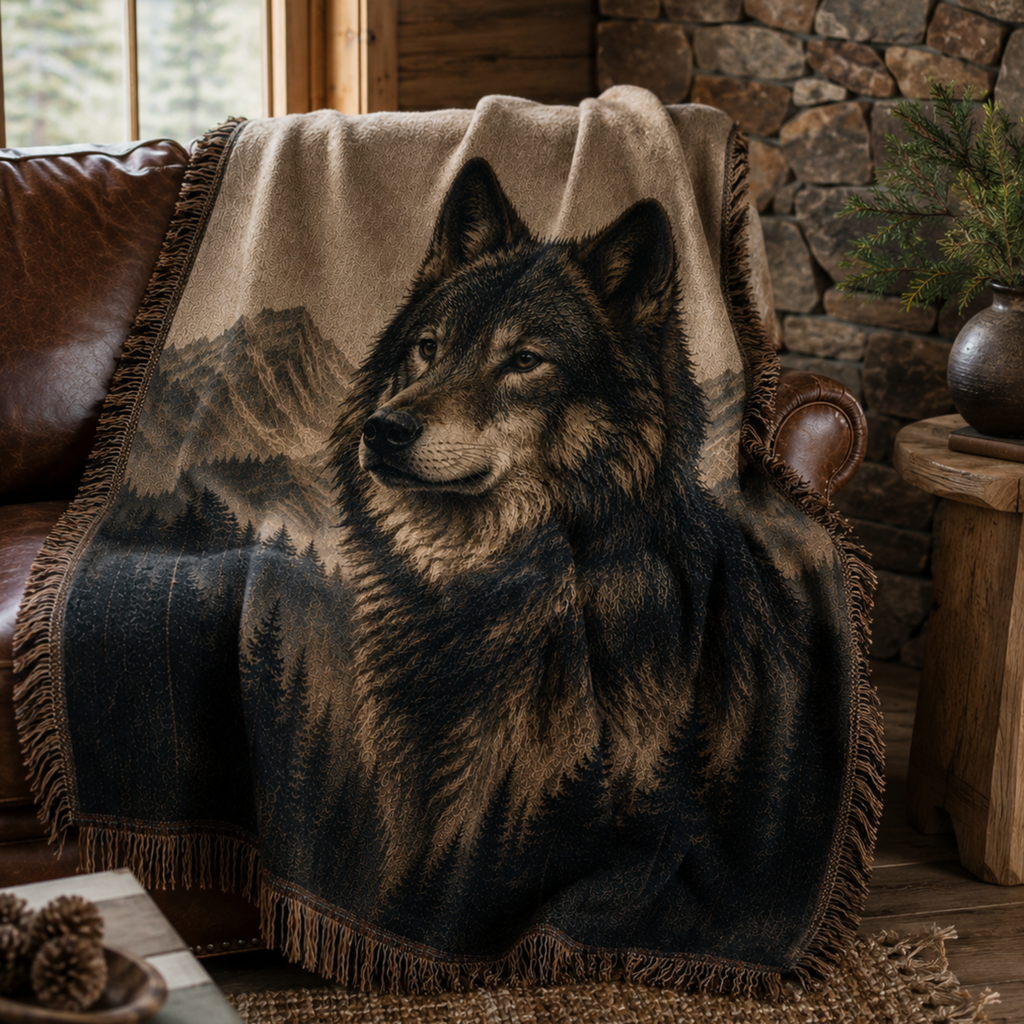 Sentinel of the North wolf woven throw blanket folded over leather reading chair beside fireplace in lodge interior
