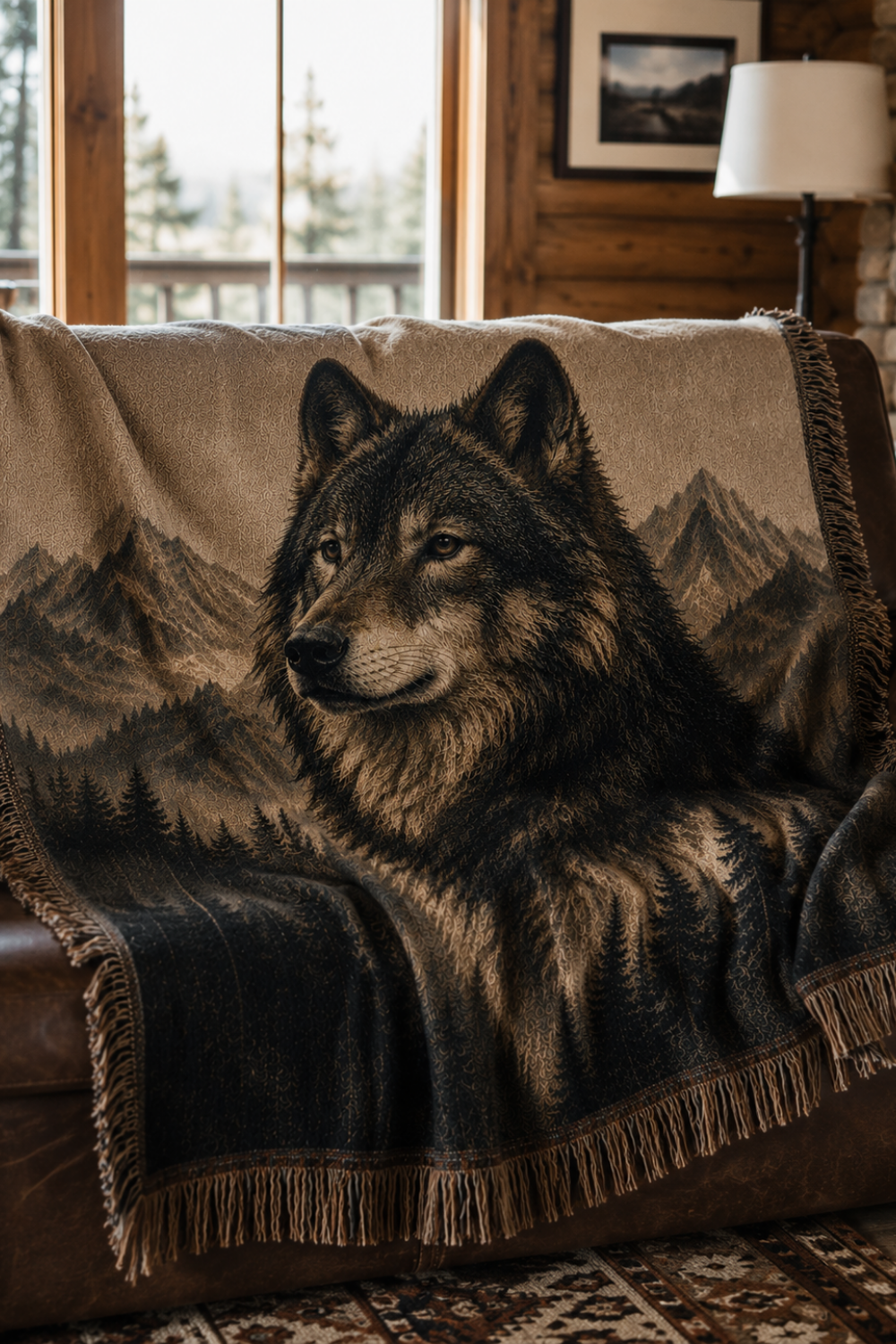 Close detail of Sentinel of the North wolf portrait woven throw blanket showing charcoal fur texture and pine forest tapestry weave
