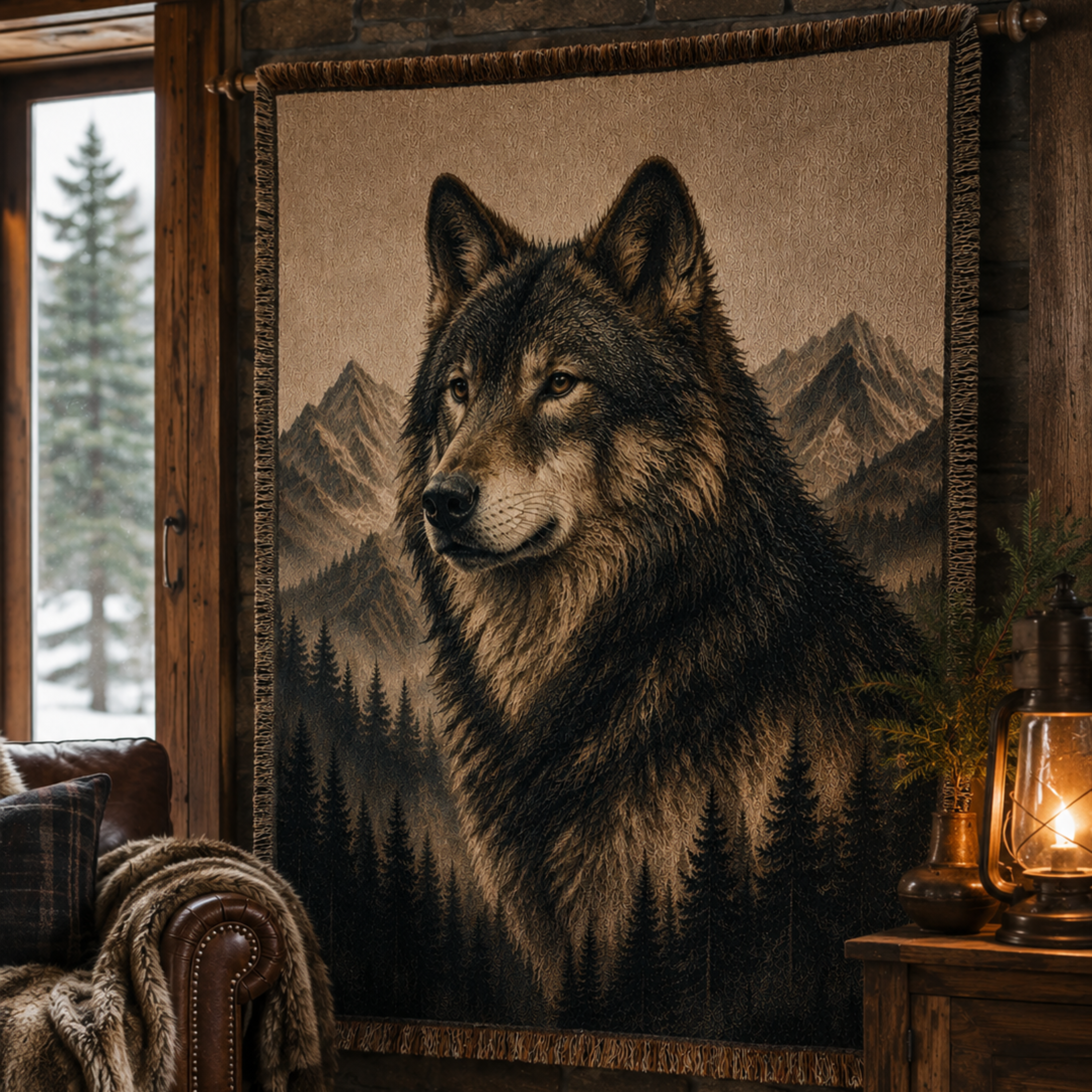 Sentinel of the North wolf portrait woven tapestry throw blanket displayed as wall art in a rustic mountain lodge interior