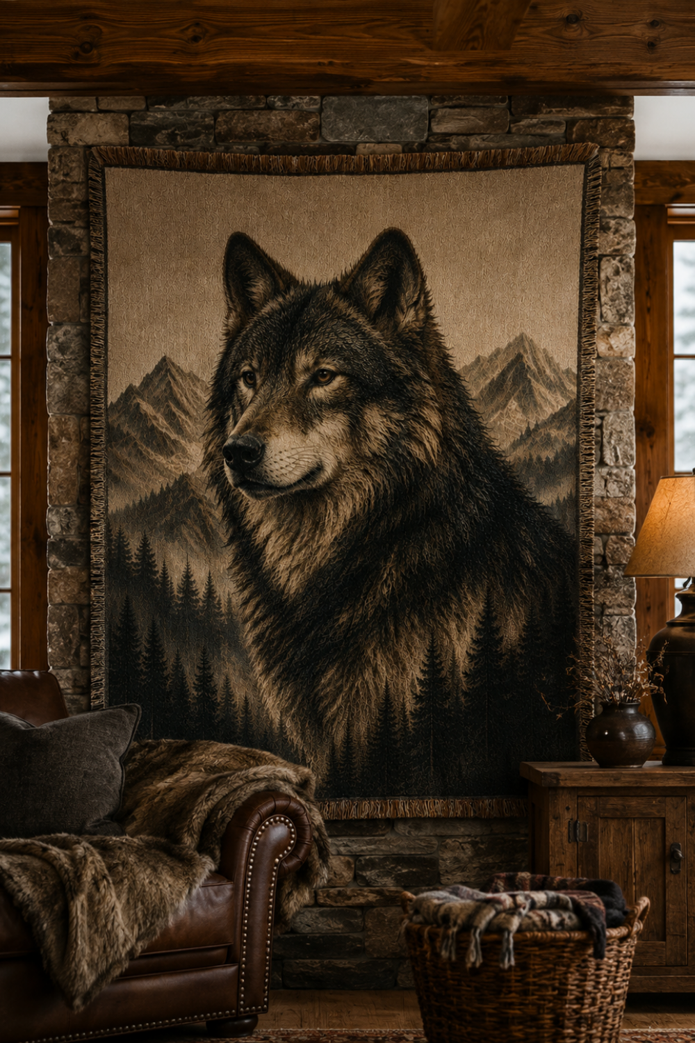 Sentinel of the North wolf tapestry throw blanket hanging as wall tapestry in cabin with mountain view window
