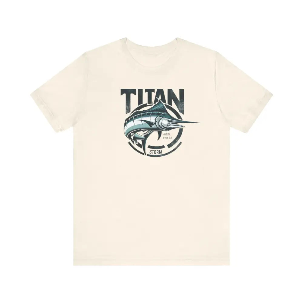 Trini Skies cream marlin graphic tee with TITAN text
