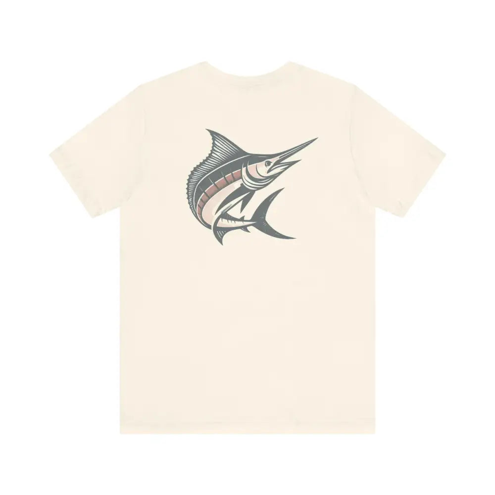 Cream-colored sea unisex t-shirt with marlin graphic on back