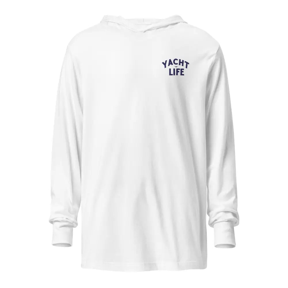 White Yacht Life embroidered hooded long-sleeve tee in breathable fabric