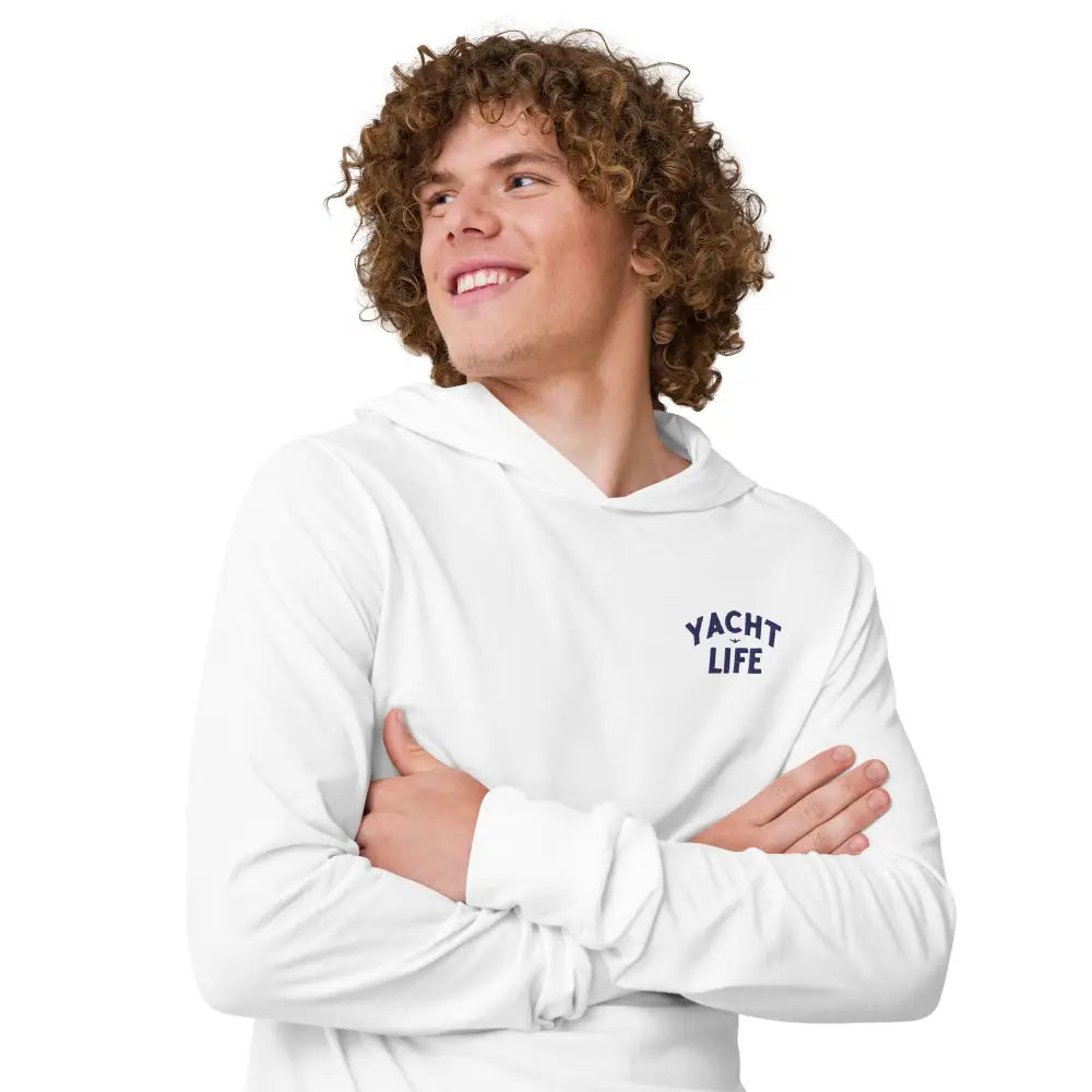 Yacht Life embroidered hooded long sleeve tee in breathable fabric
