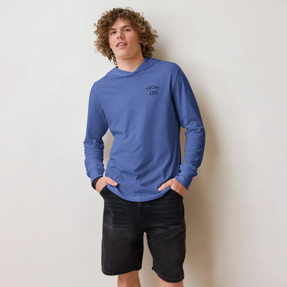 Young man in Yacht Life Embroidered Hooded Tee, breathable fabric