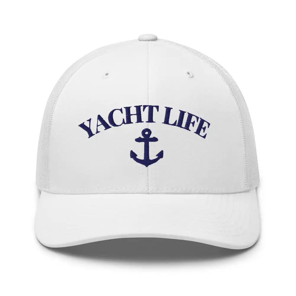 Trini Skies Yacht Life embroidered trucker cap with navy anchor