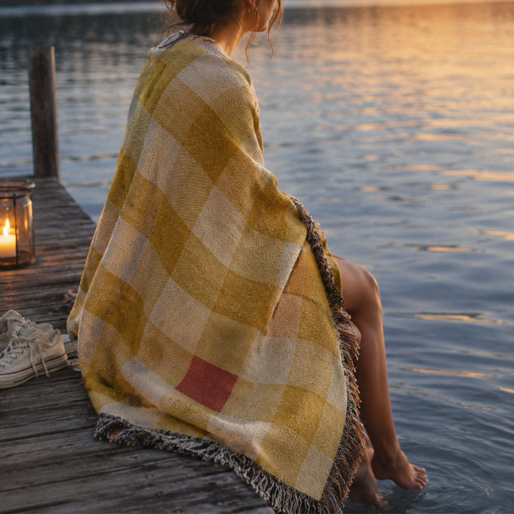 Close-up of a woman wrapped in the Butter gingham woven cotton throw blanket in mustard gold and cream, showing the jacquard weave and fringe detail — Trini Skies