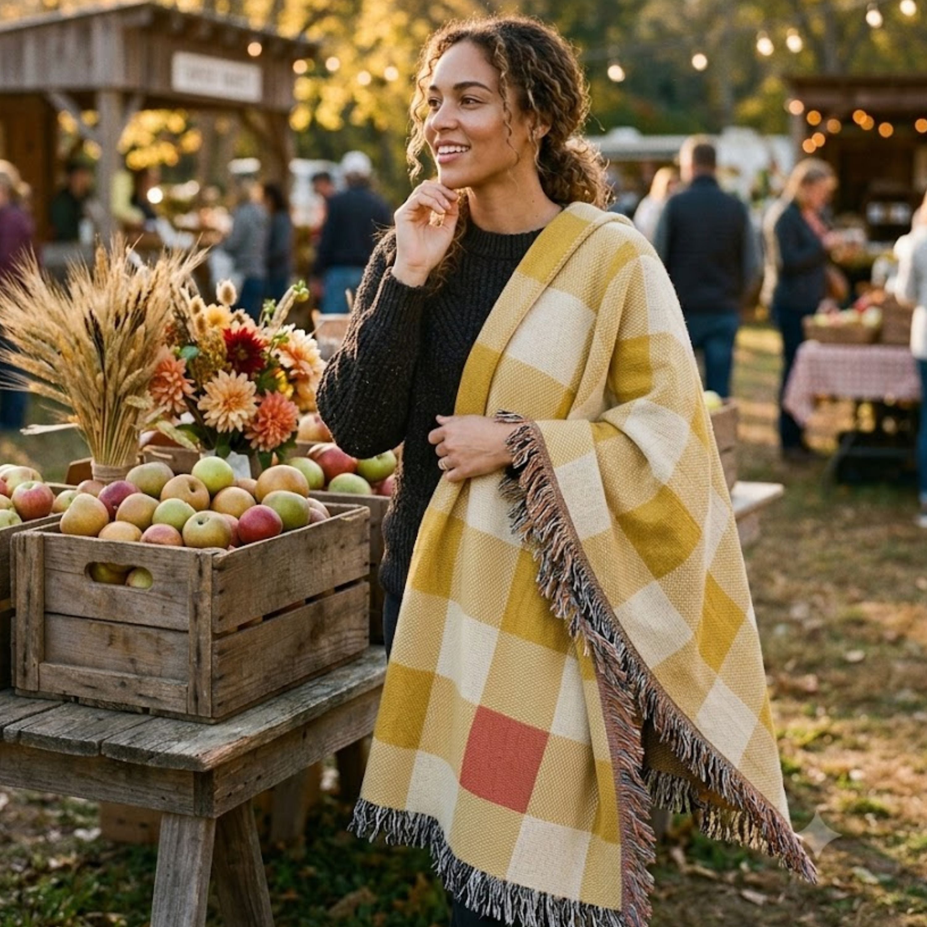 Woman wrapped in the Butter gingham woven cotton throw blanket in mustard gold and cream, sitting at an orchard farmstand with a crate of apples — Trini Skies