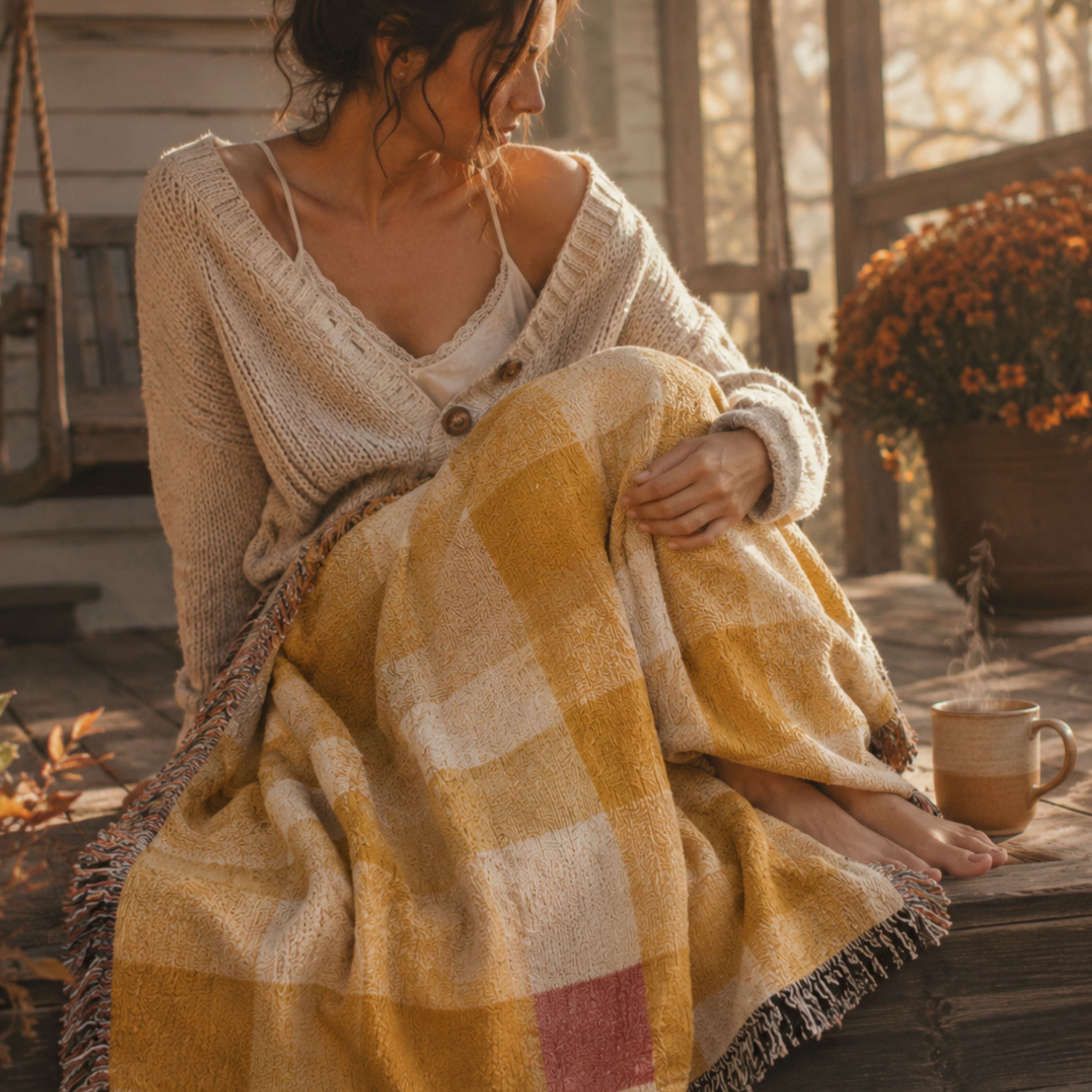 Woman wrapped in the Butter gingham woven cotton throw blanket in mustard gold and cream, sitting on a wooden porch with warm morning light — Trini Skies