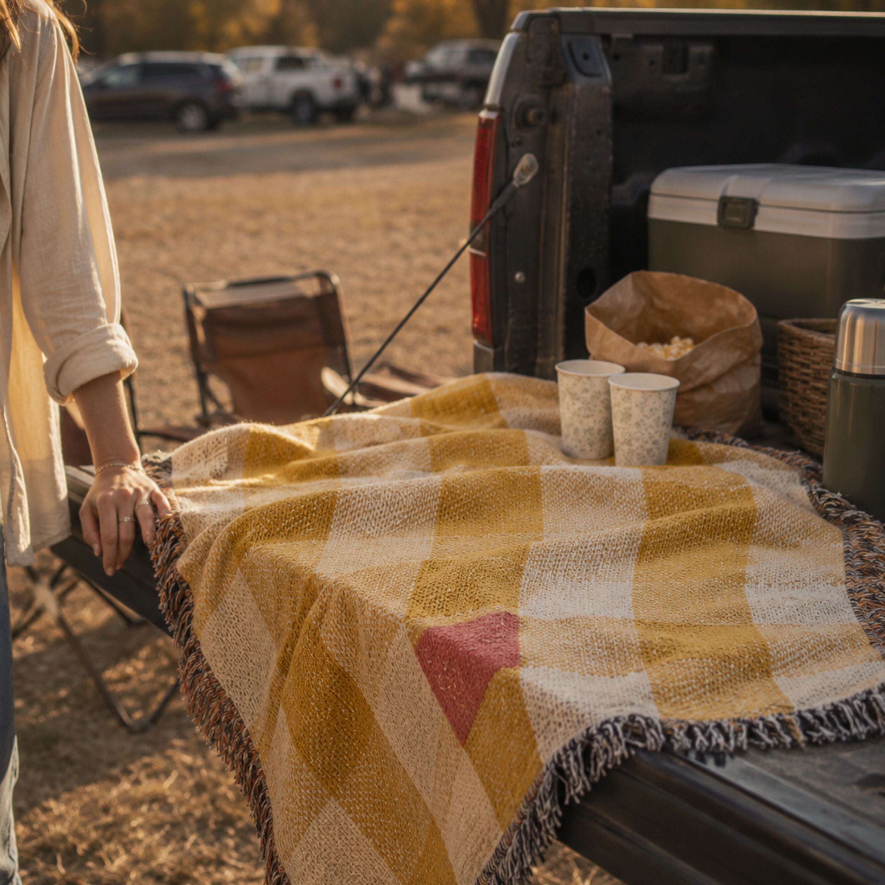 Butter gingham woven cotton throw blanket in mustard gold and cream spread across a truck tailgate, showing the jacquard weave and multicolor fringe — Trini Skies