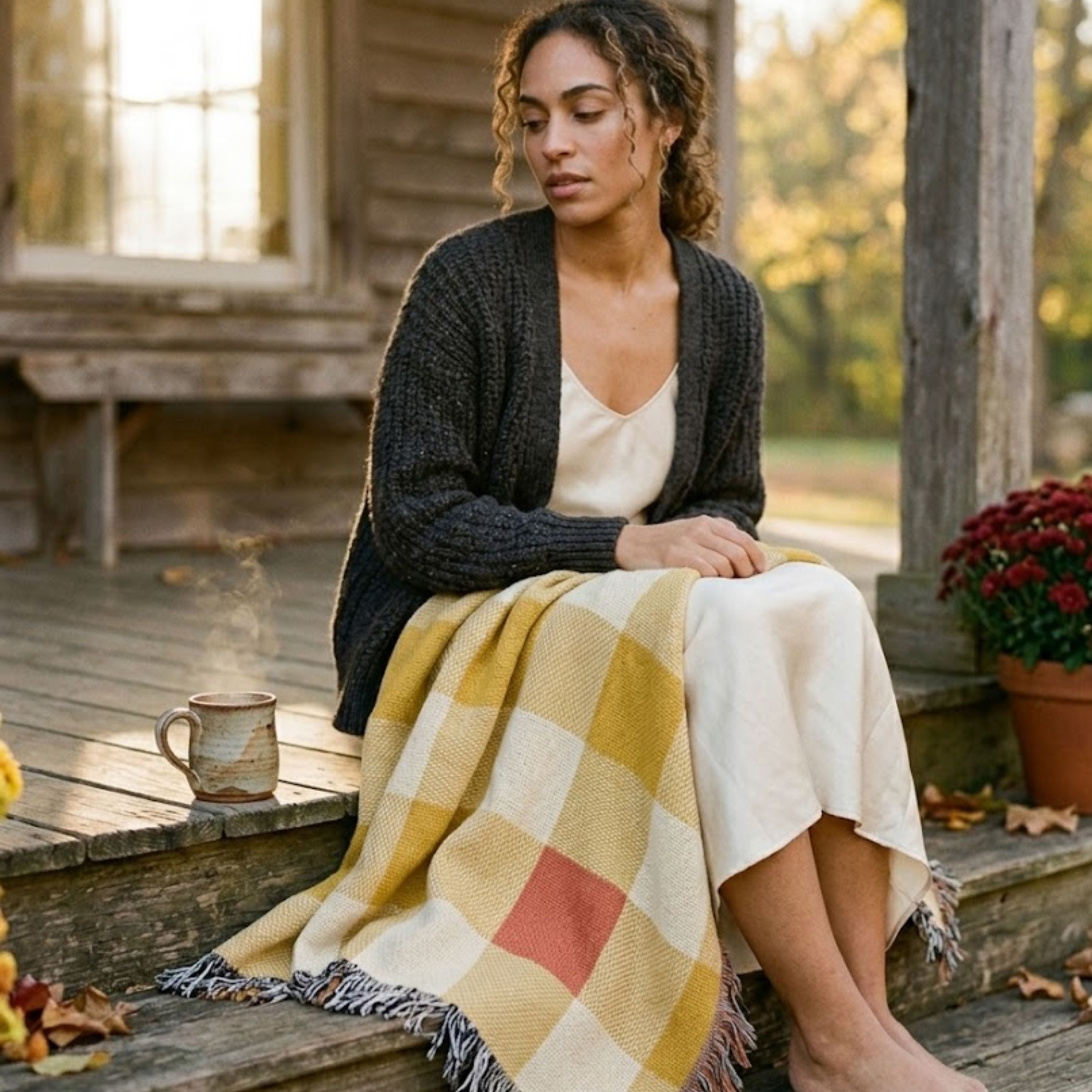 Woman sitting on a porch bench wrapped in the Butter gingham woven cotton throw blanket in mustard gold and cream, warm autumn light — Trini Skies
