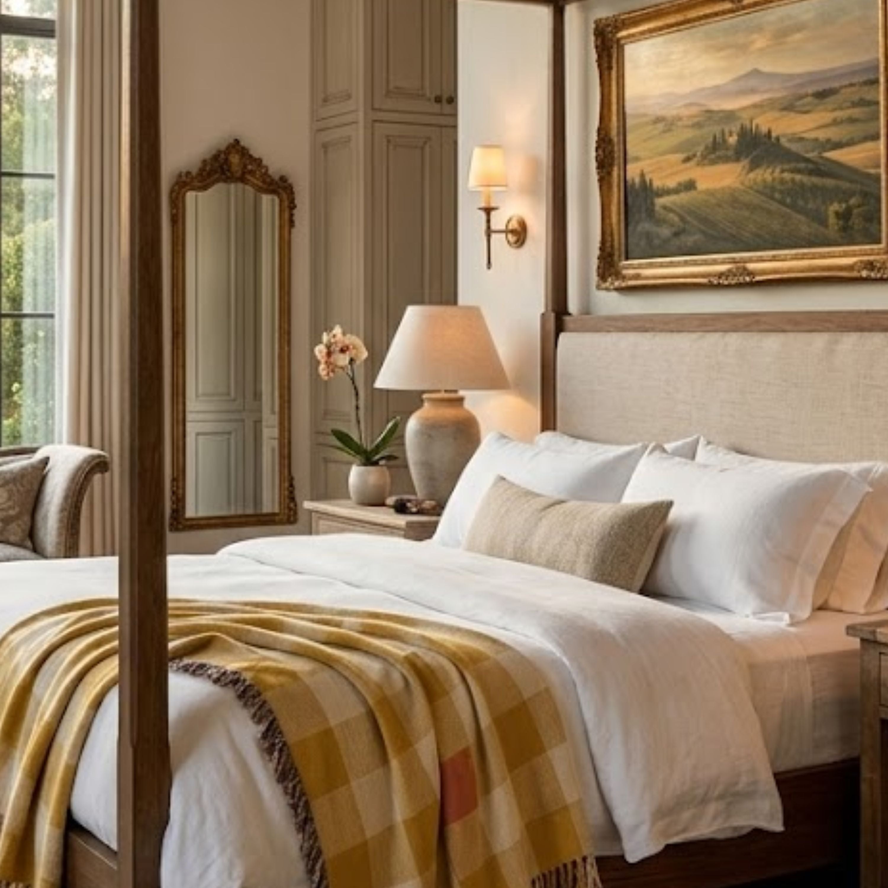 Butter gingham woven cotton throw blanket in mustard gold and cream draped across a bed, showing the 100% cotton jacquard check pattern and fringe edge — Trini Skies