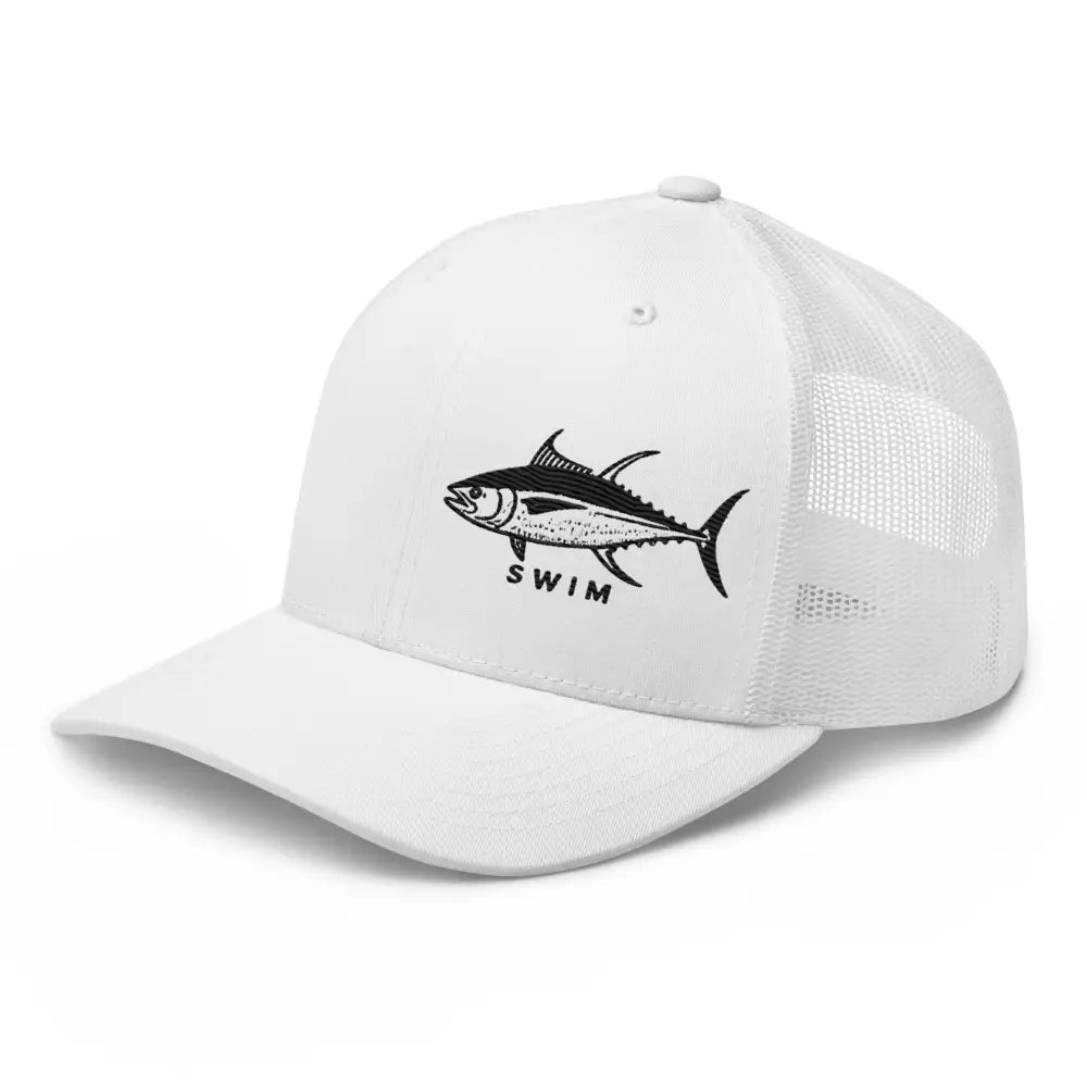 White yellowfin tuna embroidered six-panel trucker cap