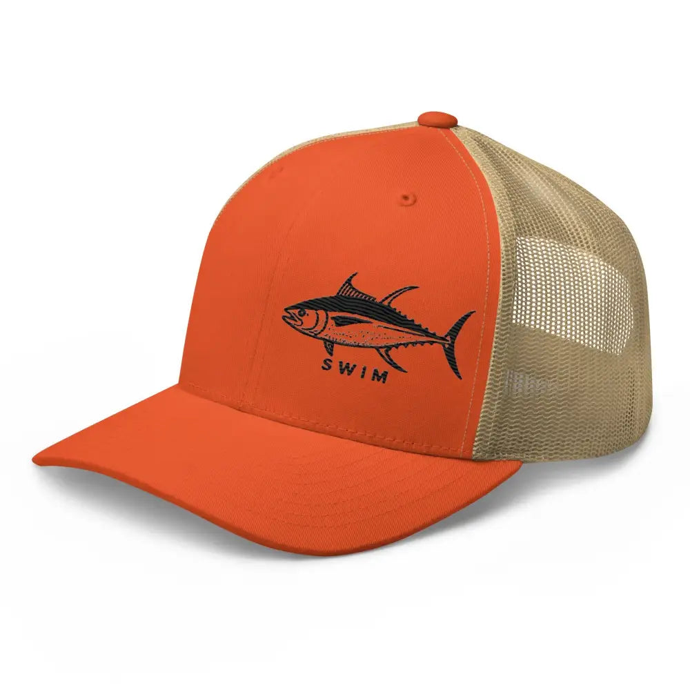 Orange and tan yellowfin tuna embroidered trucker six-panel cap