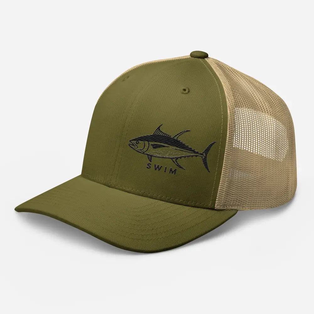 Olive green six-panel trucker cap with yellowfin tuna embroidered graphic