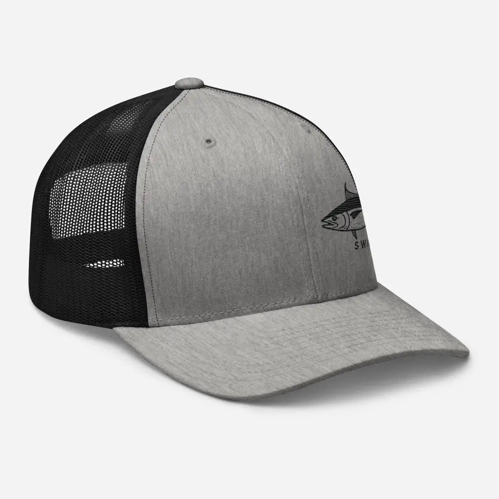 Gray and black six-panel trucker cap with yellowfin tuna embroidery
