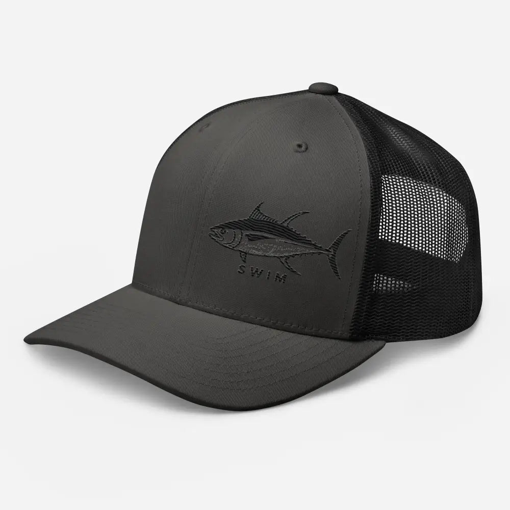 Dark grey six-panel trucker cap with yellowfin tuna embroidery