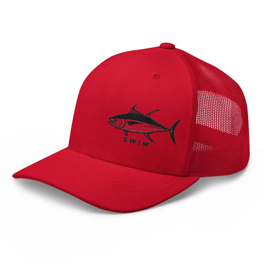 Red yellowfin tuna embroidered six-panel trucker cap in black and red