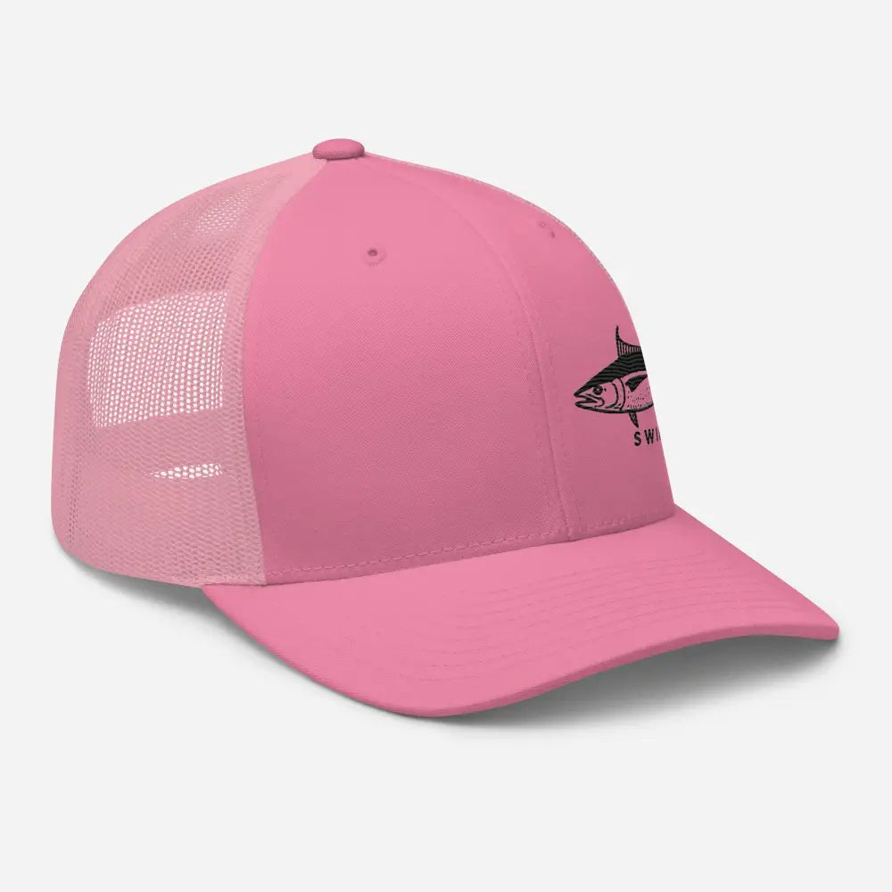 Pink yellowfin tuna embroidered six-panel trucker cap