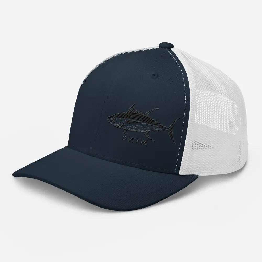 Navy blue white mesh six-panel trucker cap with yellowfin tuna embroidery