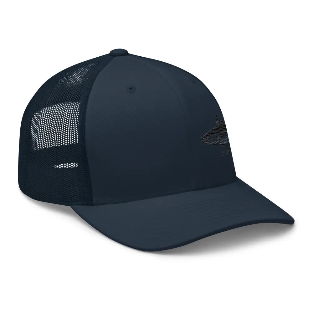 Yellowfin tuna embroidered six-panel trucker cap in dark blue