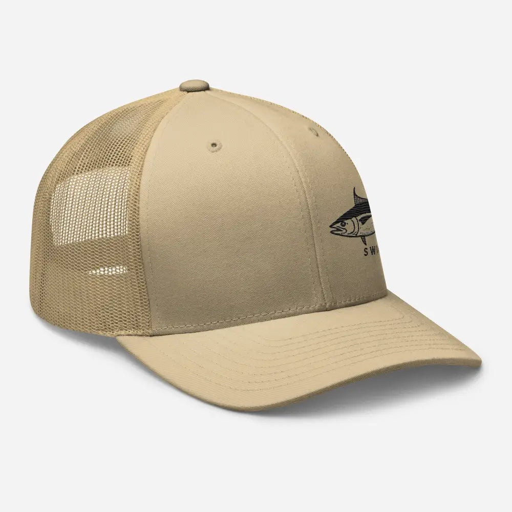 Light tan six-panel trucker cap with yellowfin tuna embroidery