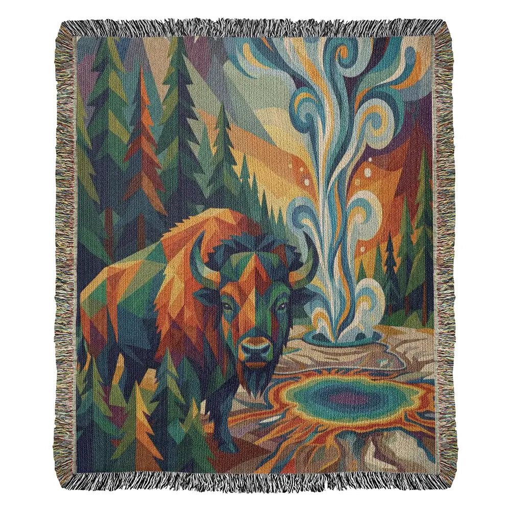 Yellowstone bison geometric woven cotton blanket with geyser tapestry