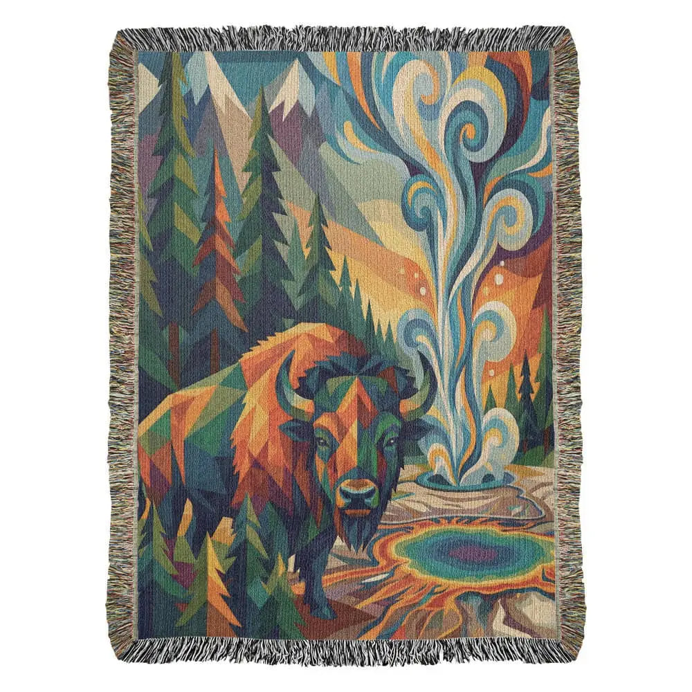 Yellowstone bison geometric woven cotton blanket with trini skies geyser