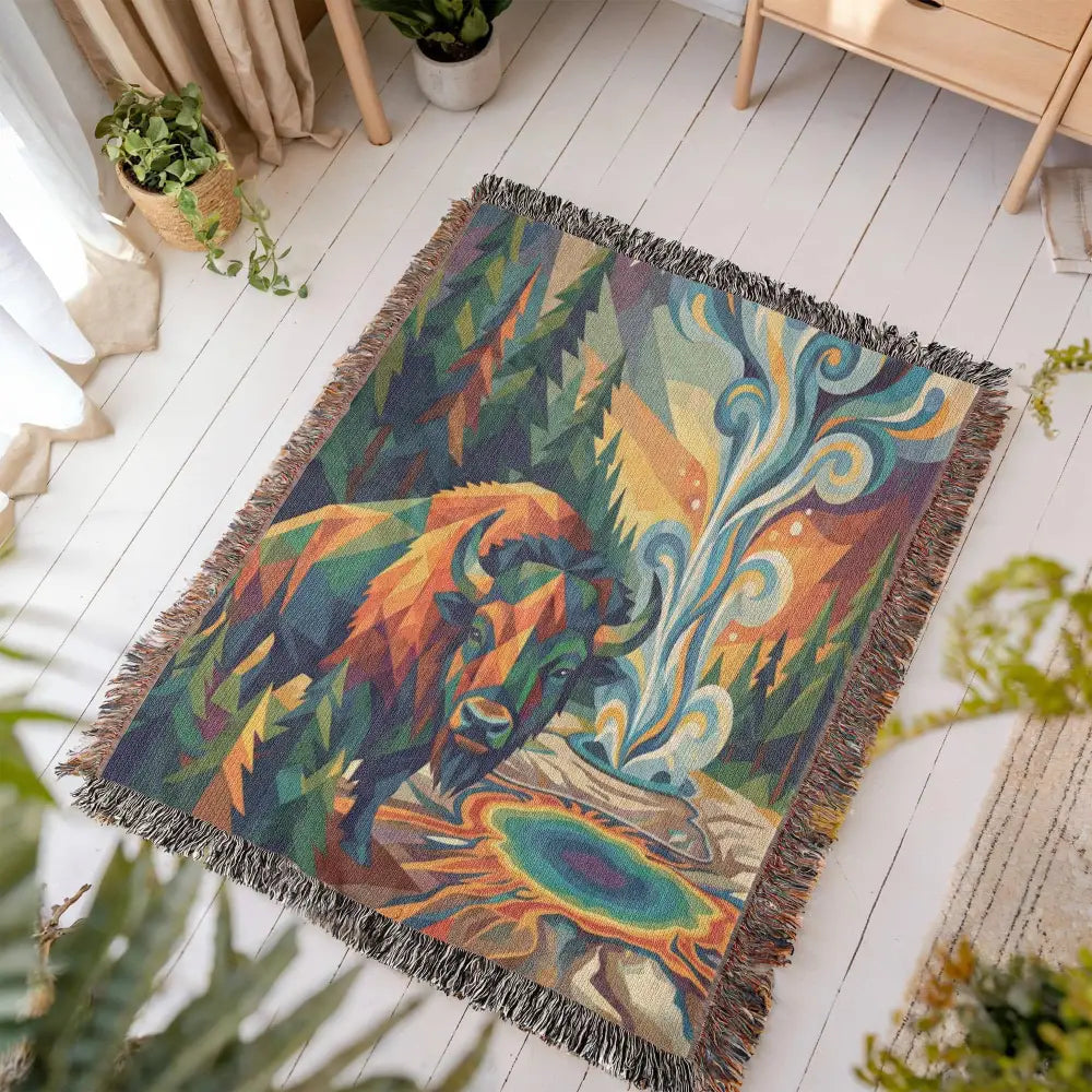 Yellowstone bison geometric woven cotton blanket with vibrant forest scene