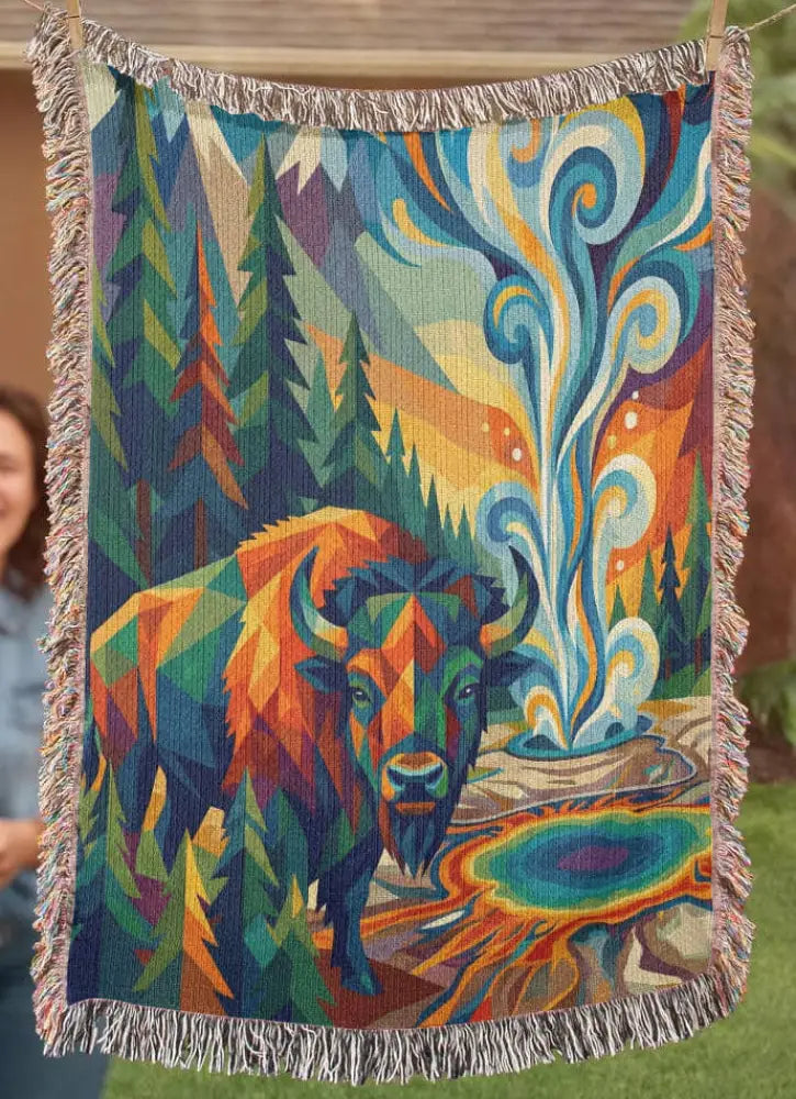 Vibrant Yellowstone bison geometric woven cotton blanket with trini skies tapestry