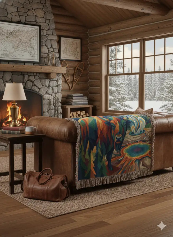 Yellowstone bison geometric woven cotton blanket on leather sofa