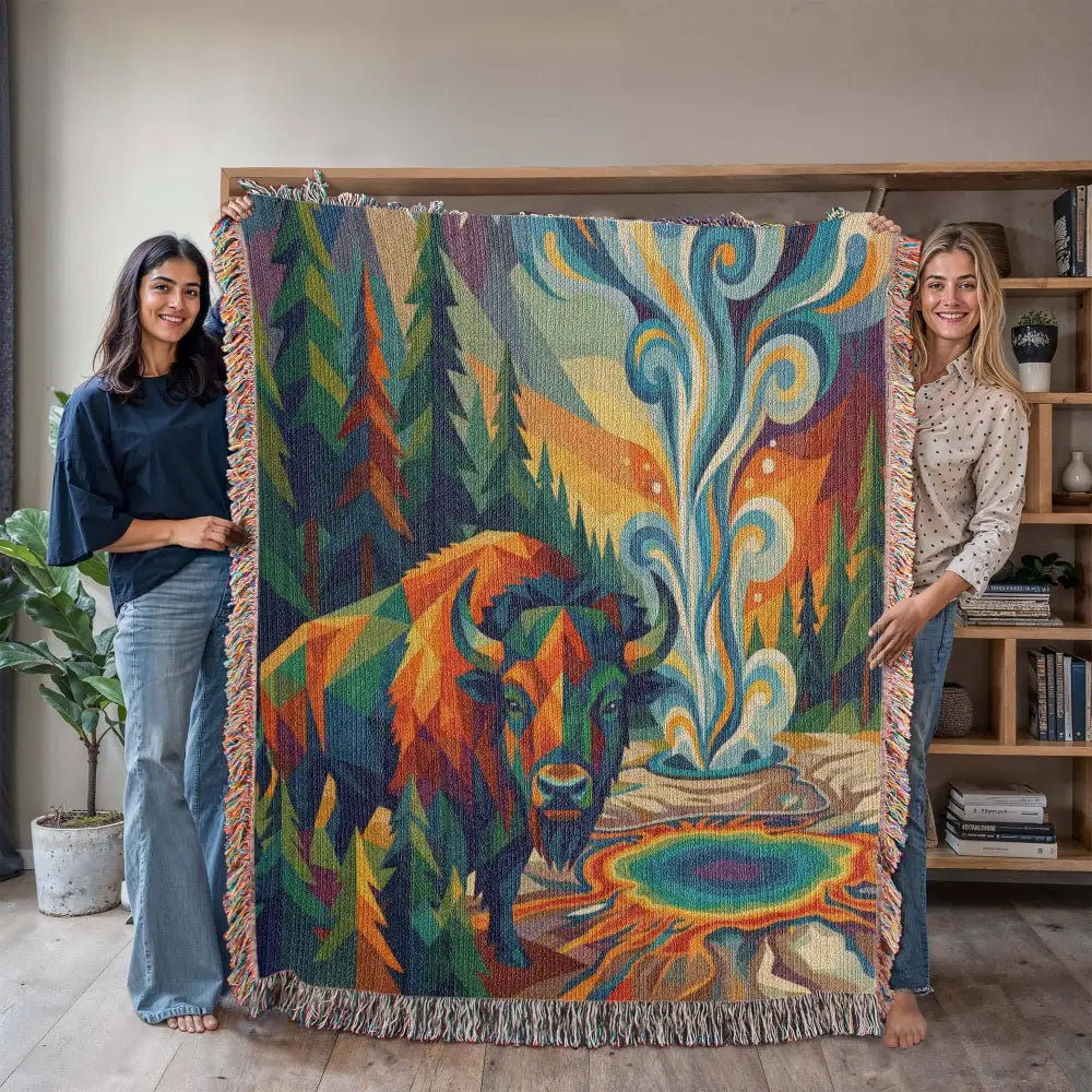 Yellowstone bison geometric woven cotton blanket with vibrant fringed patterns