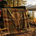 Yellowstone heritage buffalo blanket draped over truck bed with mountain lake and pine trees