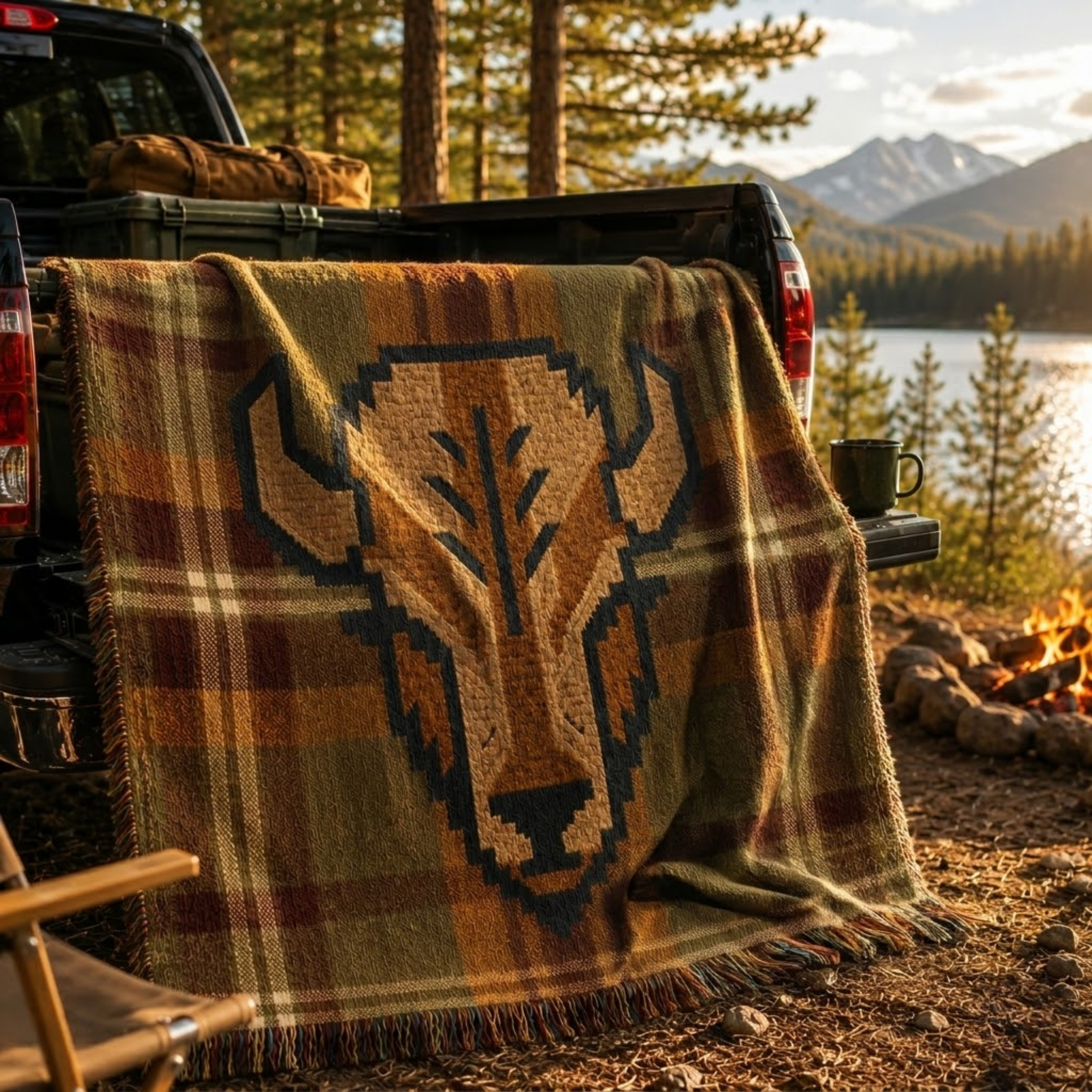 Yellowstone heritage buffalo blanket draped over truck bed with mountain lake and pine trees