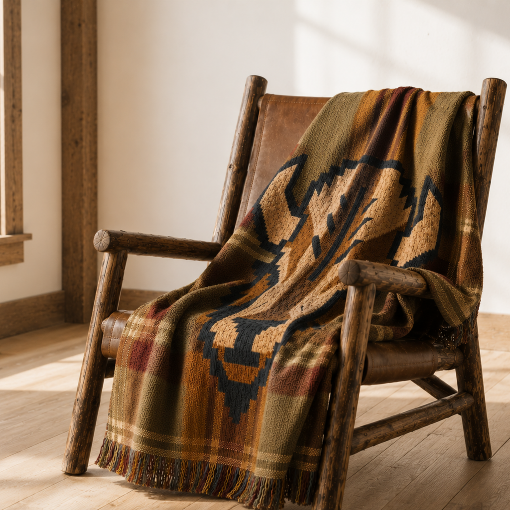 oven buffalo plaid throw blanket on wooden rocking chair lodge interior