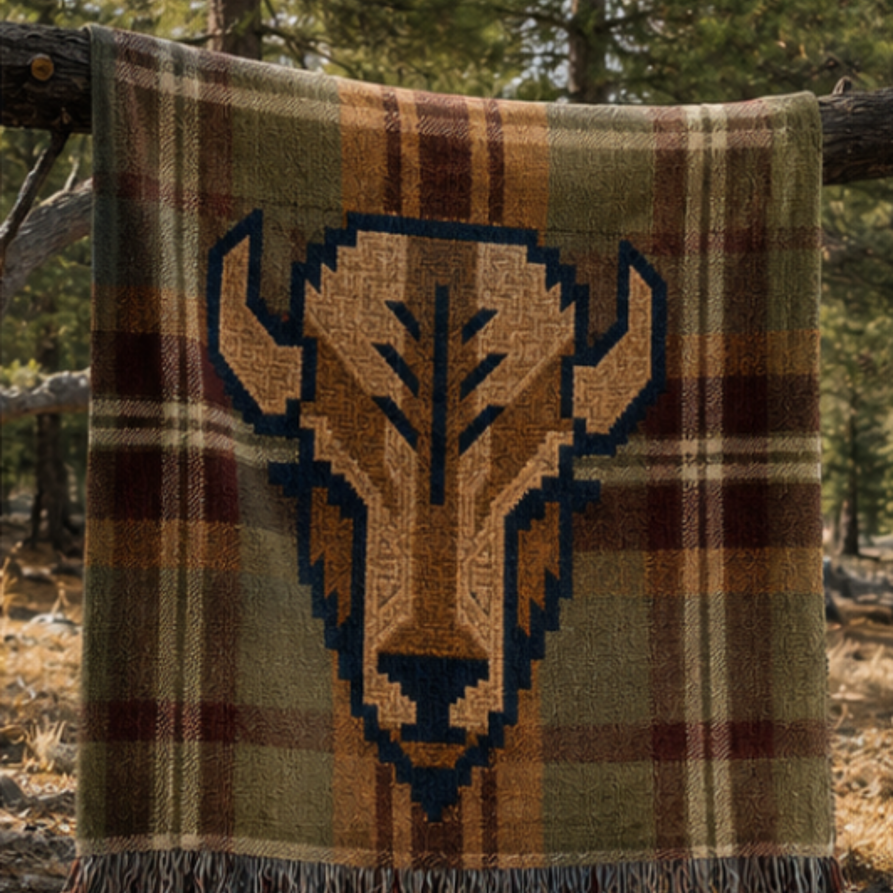 Woven buffalo face detail on heritage plaid lodge throw blanket