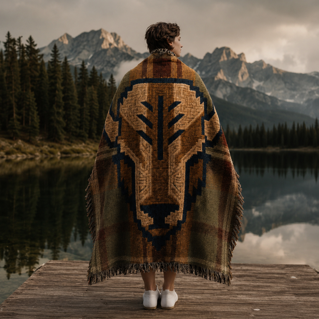 Woman wearing Yellowstone heritage buffalo blanket on lake dock at dusk