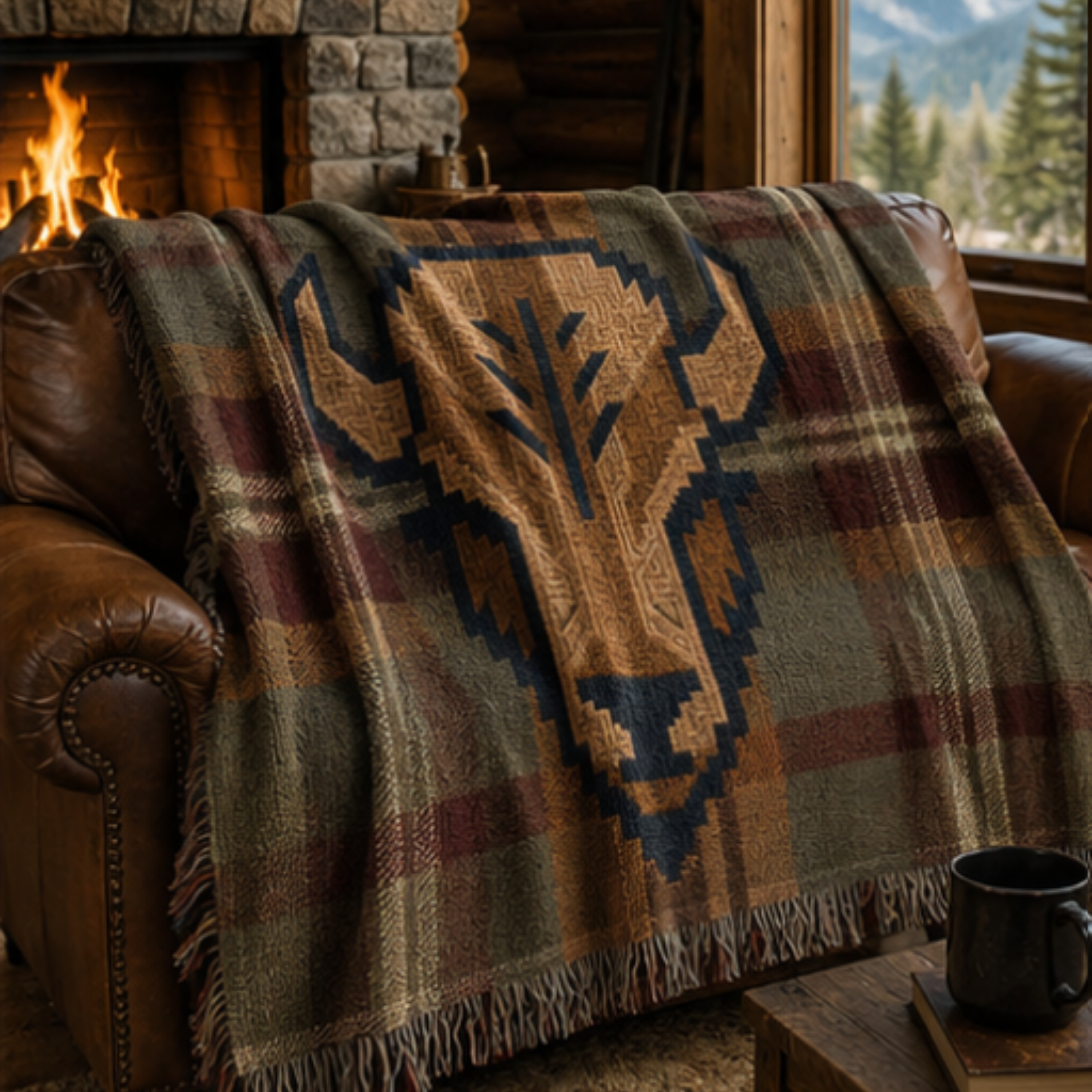 Close-up of woven buffalo motif on heritage plaid cotton throw blanket