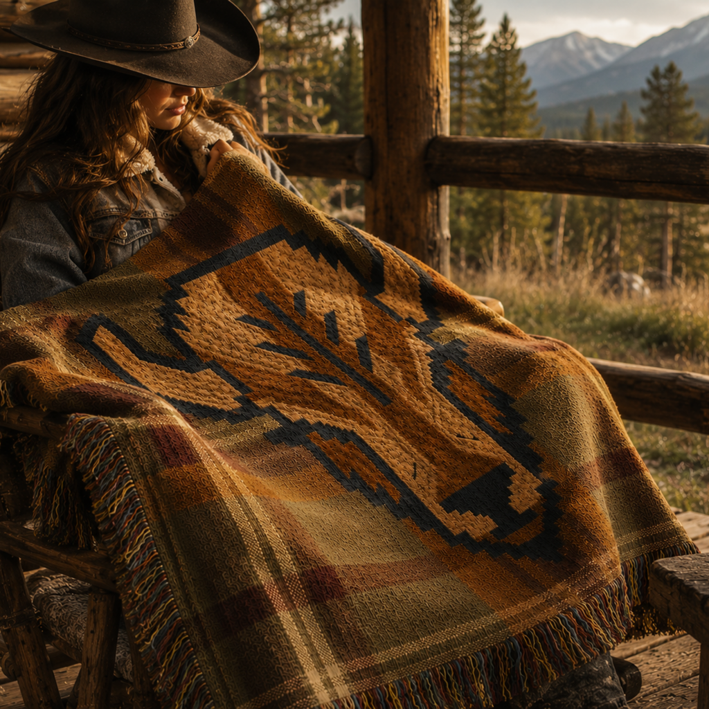 Buffalo plaid woven throw blanket draped on rustic cabin porch railing