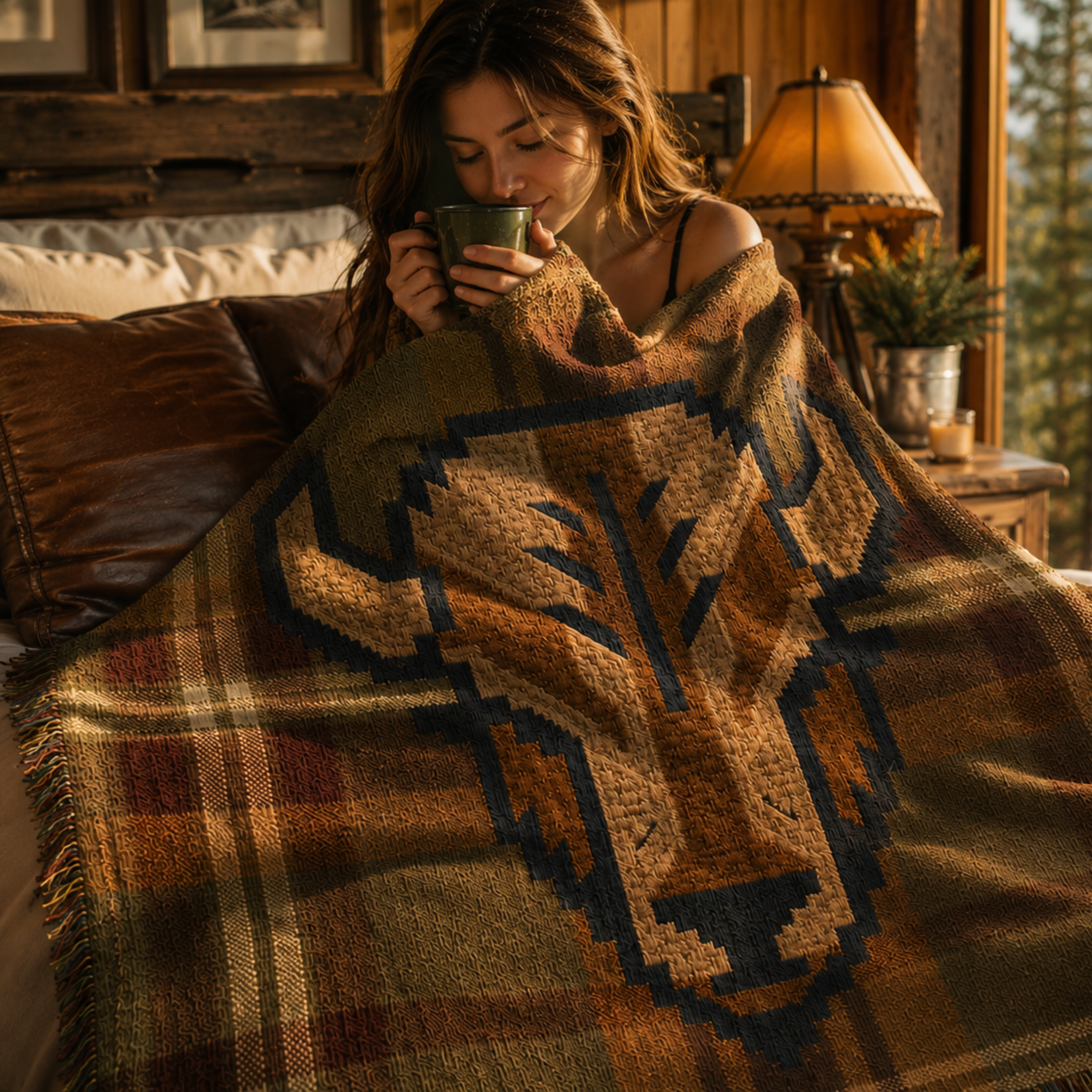 Woman wrapped in Yellowstone heritage buffalo woven throw blanket cozy lodge lighting
