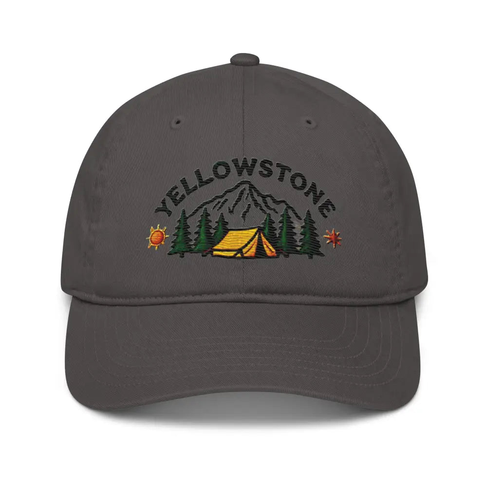 Charcoal gray Yellowstone organic cotton camping unstructured cap with embroidered mountain scene