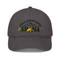 Charcoal gray Yellowstone organic cotton camping unstructured cap with embroidered mountain scene
