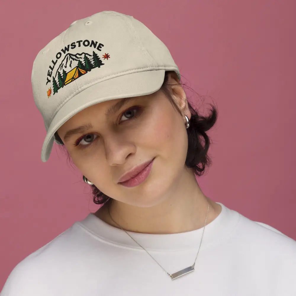 Woman in Yellowstone organic cotton camping unstructured cap by Trini Skies