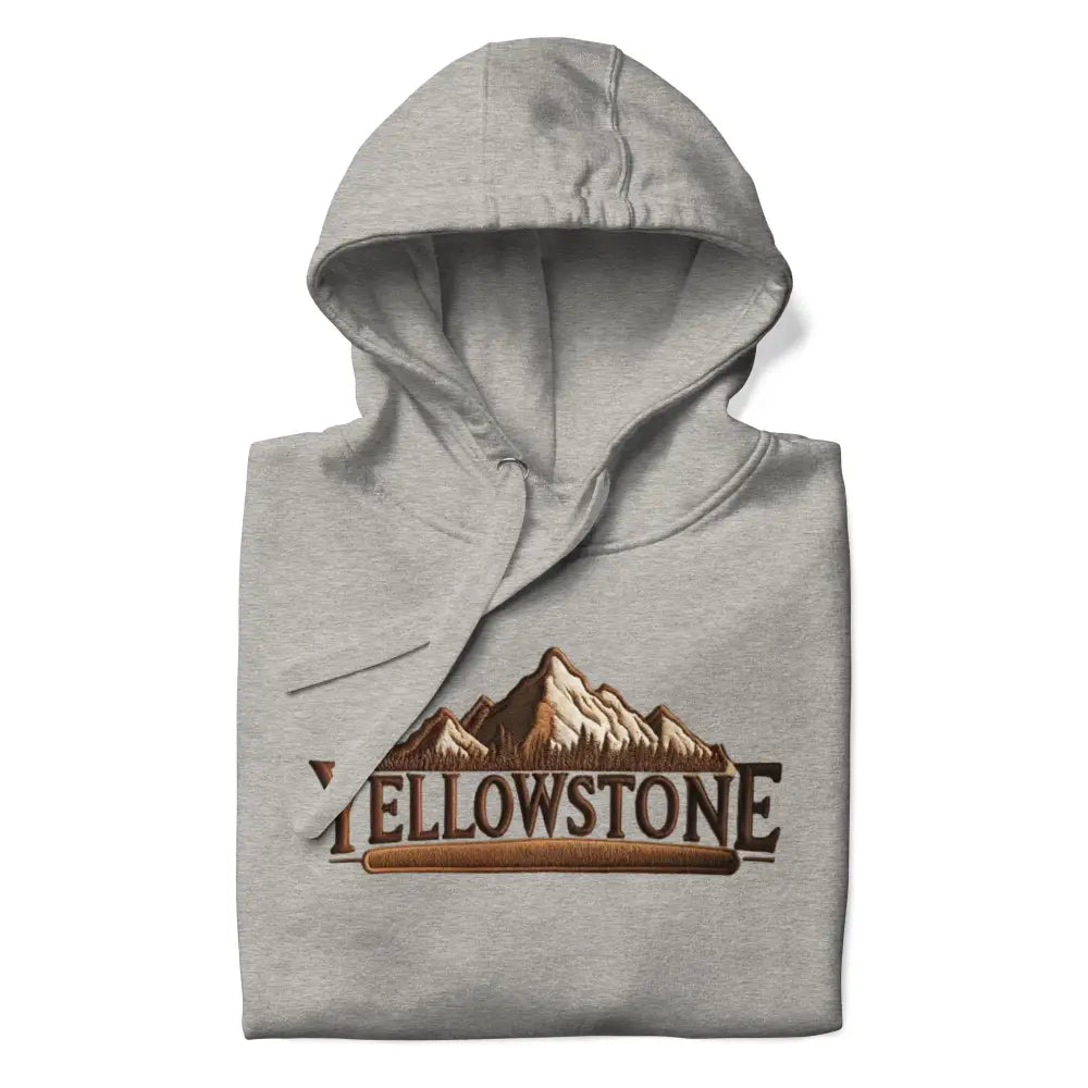 Grey Yellowstone-inspired unisex hoodie with mountain graphic for hiking nature lovers