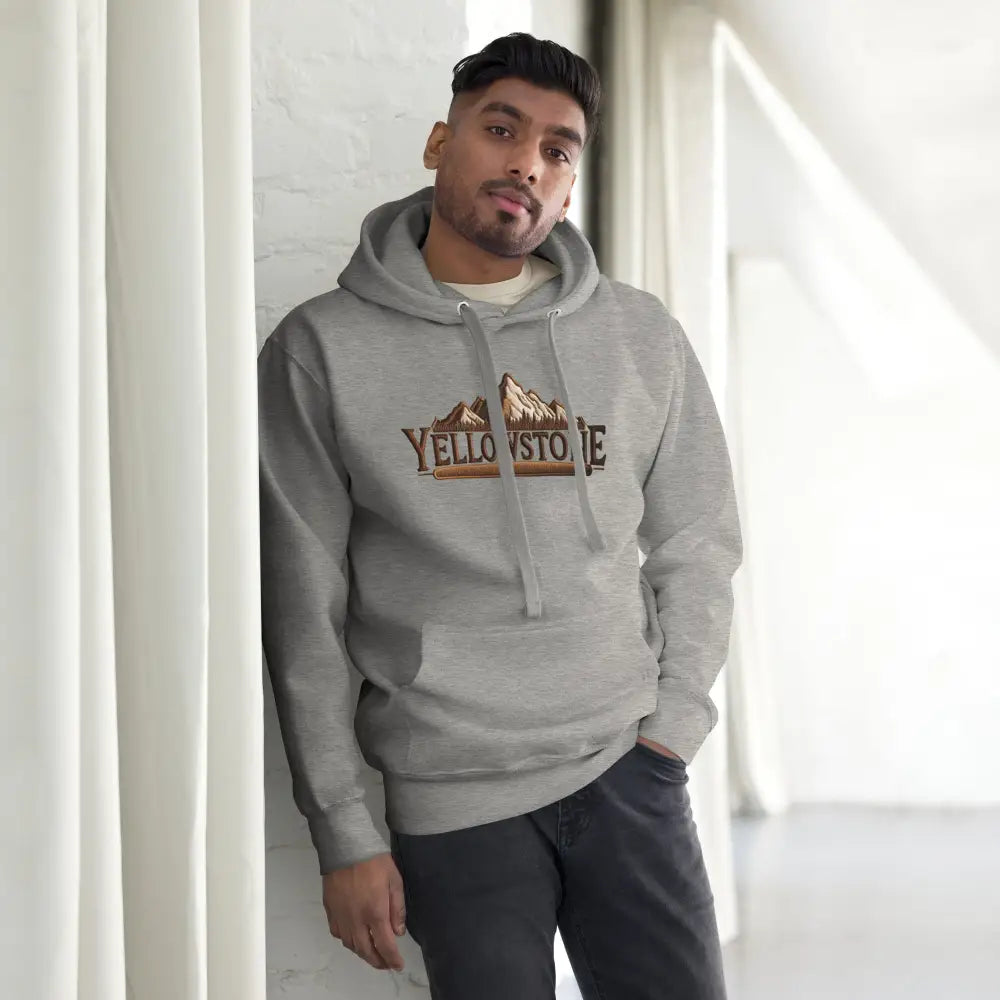 Mens grey Yellowstone-inspired unisex hoodie for hiking nature lovers