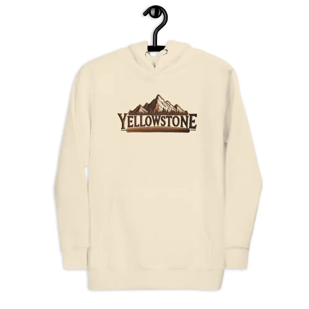 Yellowstone-inspired unisex hoodie with cream-colored mountain graphic for hiking nature lovers