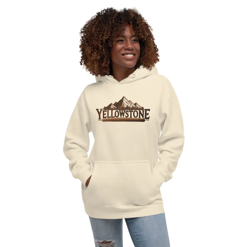 Yellowstone-inspired unisex hoodie with cream mountain graphic for hiking nature lovers